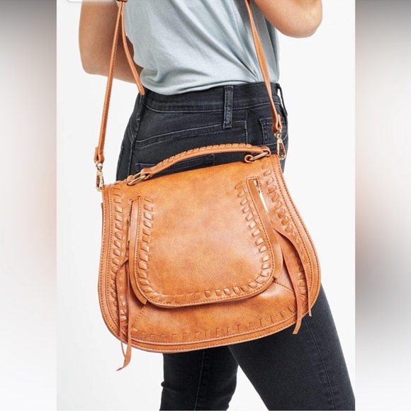 Urban Expressions Handbags - Urban Expressions Tan Khloe Vegan Leather Saddle Shaped Crossbody Bag